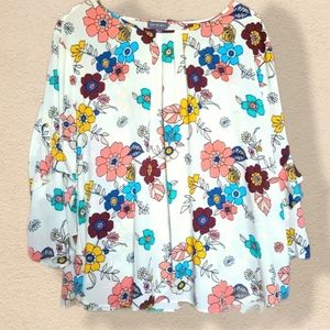 Van Heusen White with Multicolor Florals Ruffled Bell Sleeve Peasant Blouse 1x